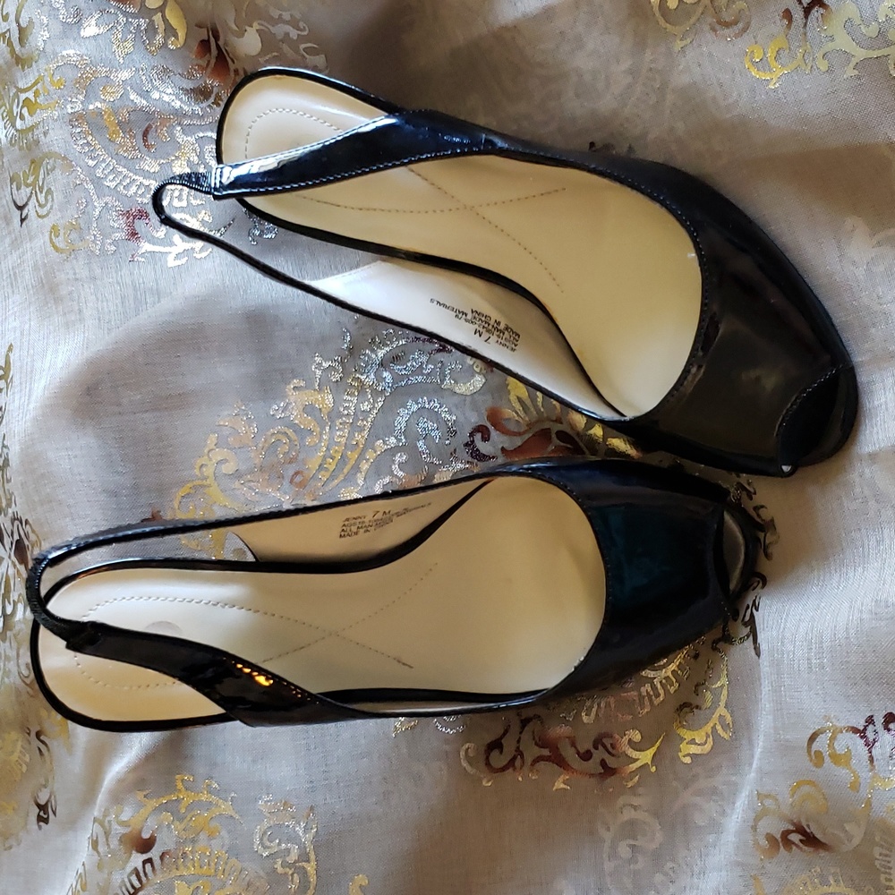 Black patent peep toe sling back heels